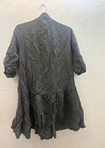 Düğmeli Gri Uzun Hamile Keten elbise - Görsel 3