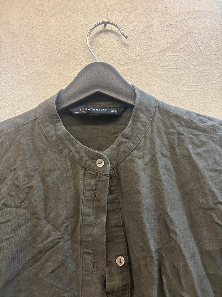 Düğmeli Gri Uzun Hamile Keten elbise - Görsel 2