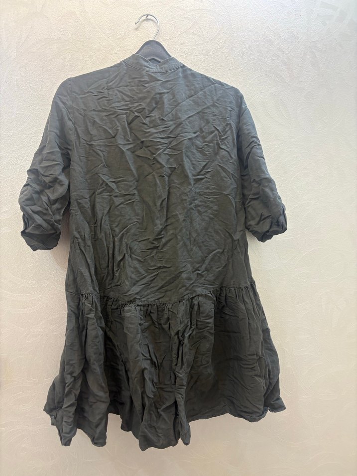 Düğmeli Gri Uzun Hamile Keten elbise - Görsel 3