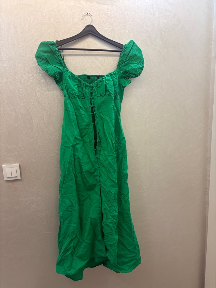 Yeşil Uzun Keten Elbise - Görsel 2