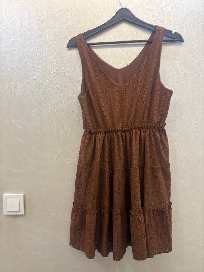 Kahverengi Kolsuz V Yaka Bohem Midi Elbise - Görsel 2