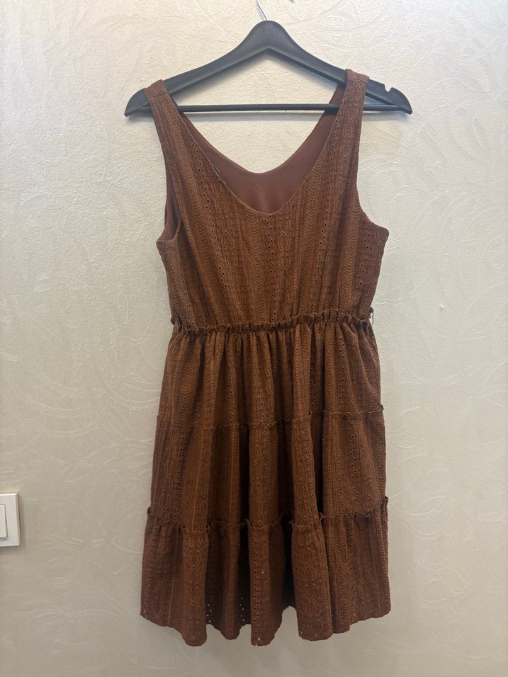 Kahverengi Kolsuz V Yaka Bohem Midi Elbise - Görsel 3