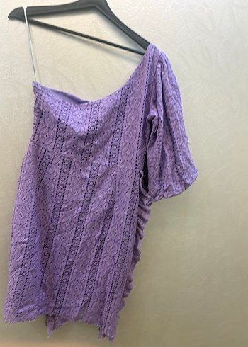 Mor Nakışlı Mini Asimetrik Elbise - Görsel 3