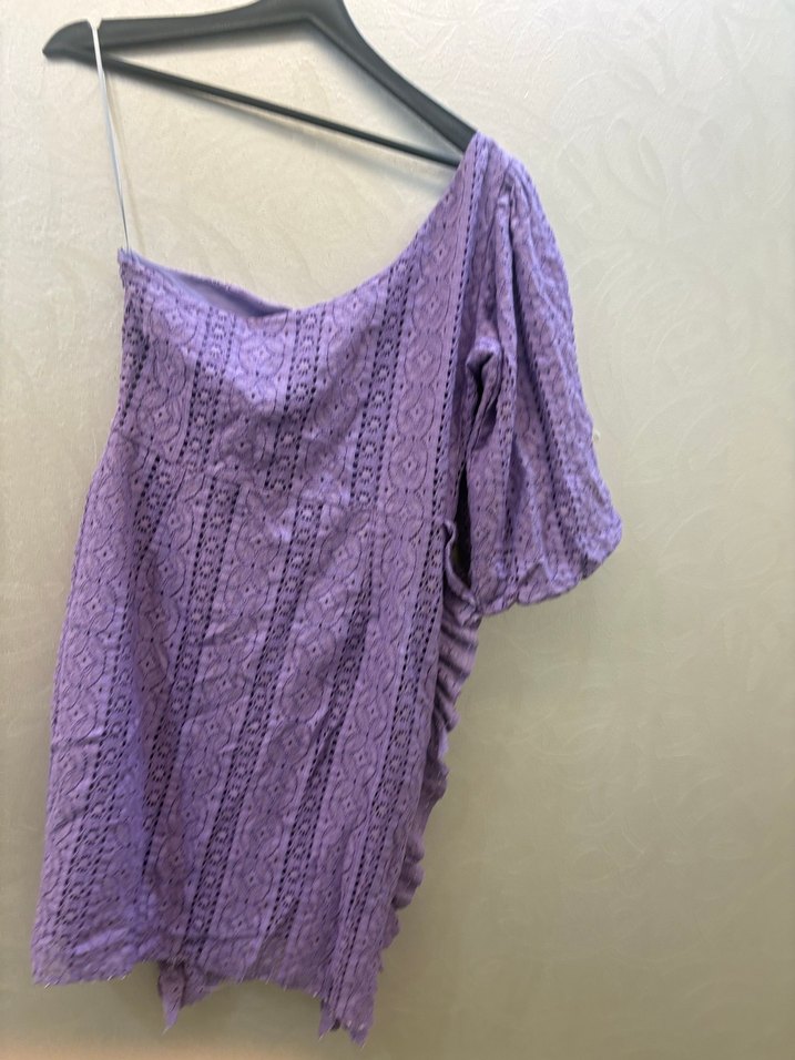 Mor Nakışlı Mini Asimetrik Elbise - Görsel 3