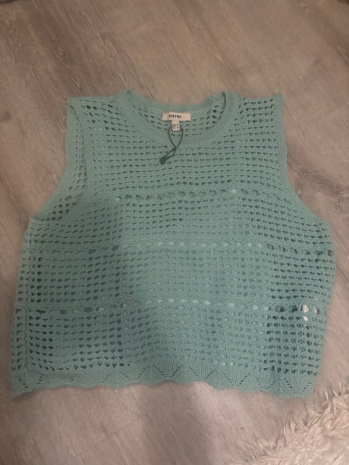 Dantel Detaylı Bej Mini Triko Crop Top - Görsel 3