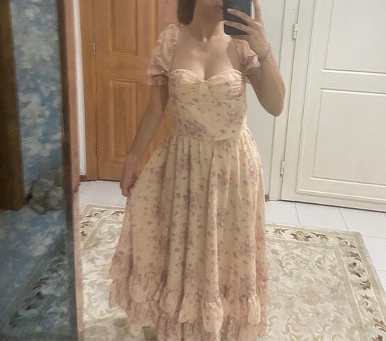 BALON KOL ÇİÇEK DESENLİ ASTARLI ŞİFON ELBİSE