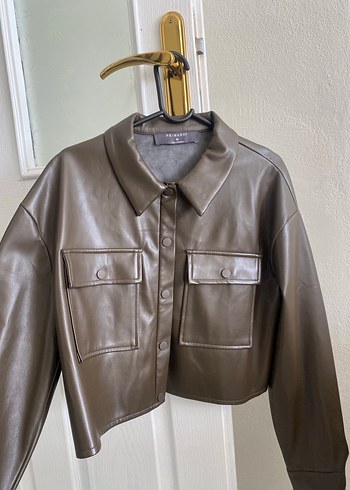 Düğmeli Gri Kahverengi Deri Kadın Ceket - Görsel 2