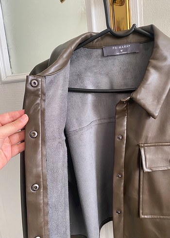 Düğmeli Gri Kahverengi Deri Kadın Ceket - Görsel 3