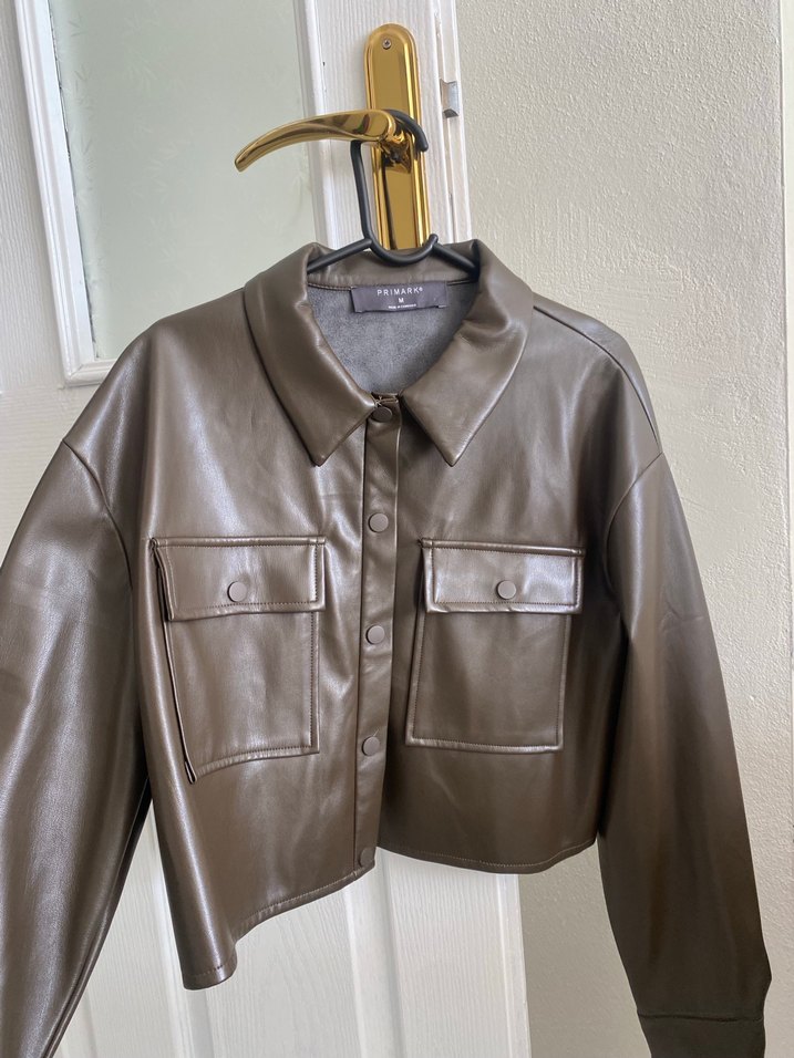 Düğmeli Gri Kahverengi Deri Kadın Ceket - Görsel 2