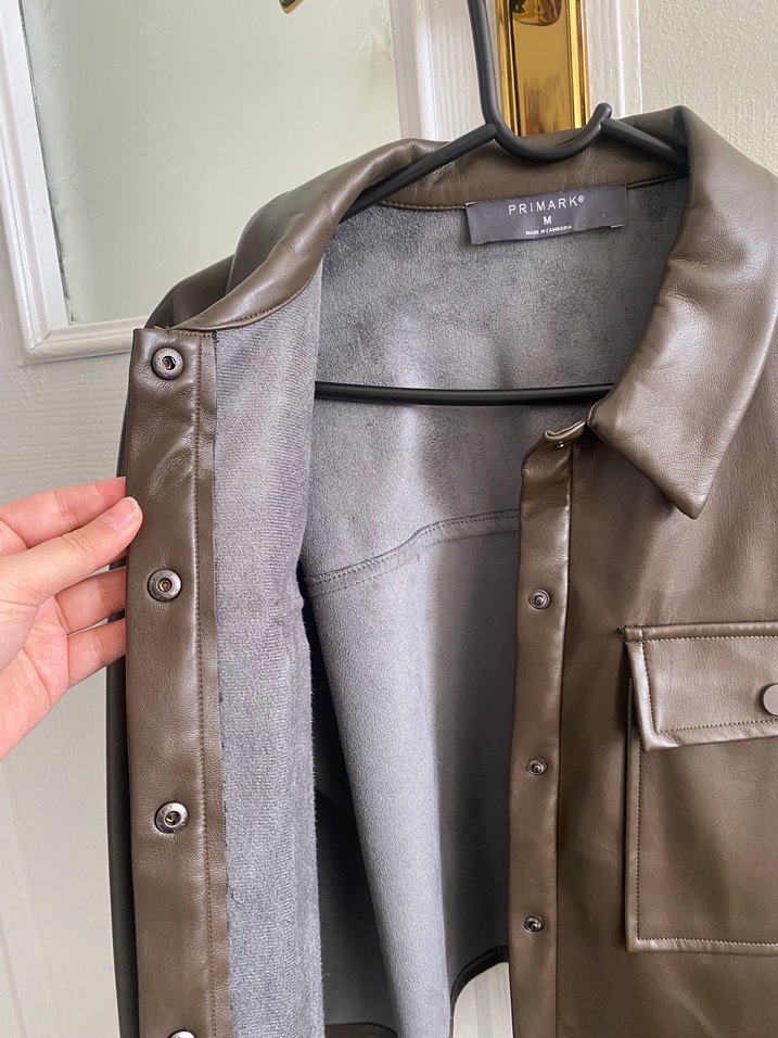 Düğmeli Gri Kahverengi Deri Kadın Ceket - Görsel 3