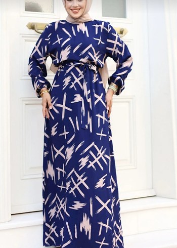 Mavi Desenli Uzun Kadın Elbise - Görsel 3