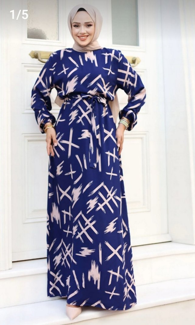 Mavi Desenli Uzun Kadın Elbise - Görsel 3