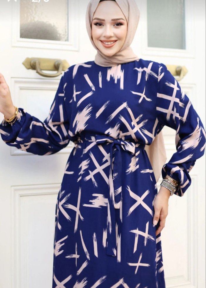 Mavi Desenli Uzun Kadın Elbise - Görsel 2