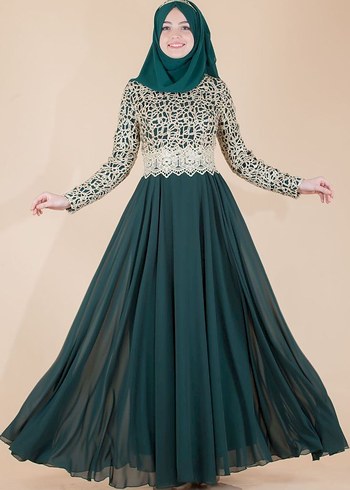 2 Adet Uzun  Zümrüt yeşili tesettür Abiye Elbise - Görsel 2