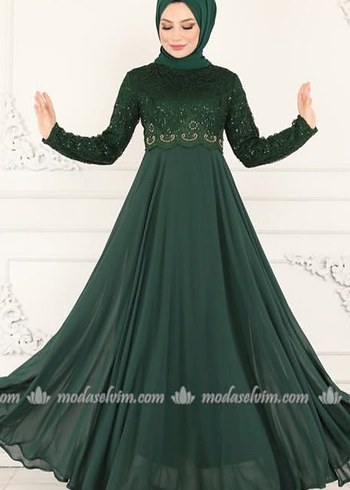 2 Adet Uzun  Zümrüt yeşili tesettür Abiye Elbise - Görsel 3