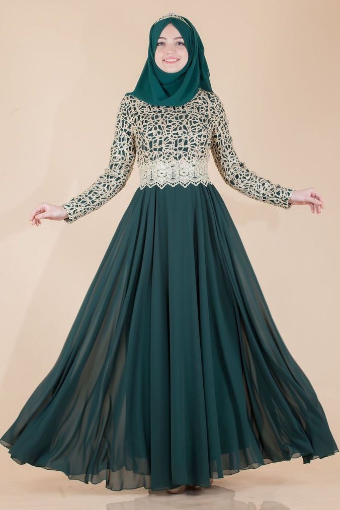 2 Adet Uzun  Zümrüt yeşili tesettür Abiye Elbise - Görsel 2