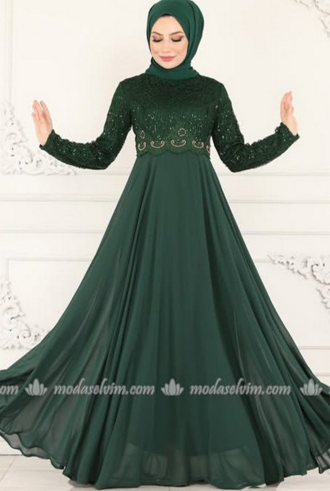 2 Adet Uzun  Zümrüt yeşili tesettür Abiye Elbise - Görsel 3