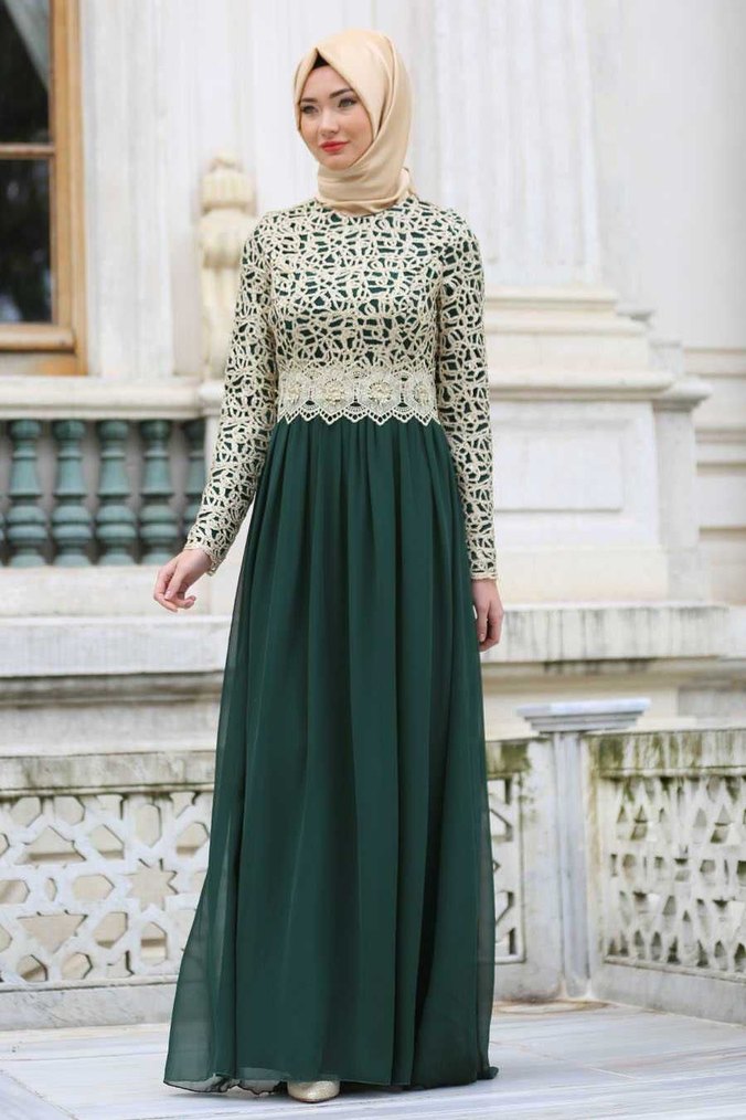 2 Adet Uzun  Zümrüt yeşili tesettür Abiye Elbise - Görsel 4
