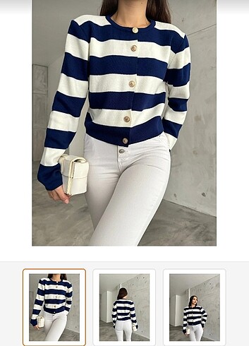 Lacivert beyaz çizgili düğmeli kazak - Görsel 2