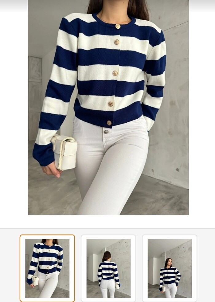 Lacivert beyaz çizgili düğmeli kazak - Görsel 2