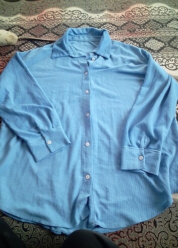 Mavi keten kadın gömlek - Görsel 2