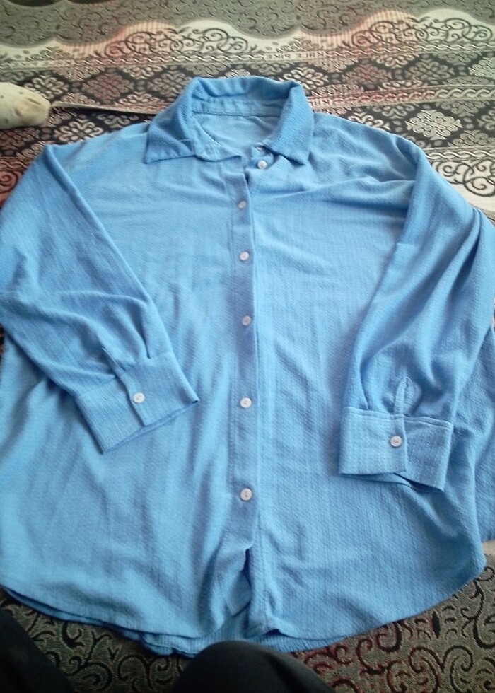 Mavi keten kadın gömlek - Görsel 2