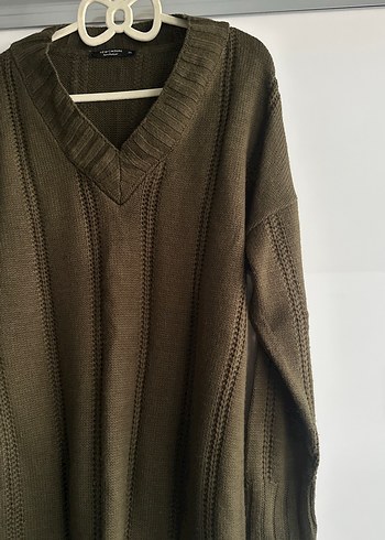 Haki V Yaka Triko Midi Kazak - Görsel 2