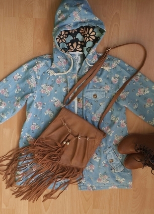 s Beden Floral desenli kapişonlu vintage ceket