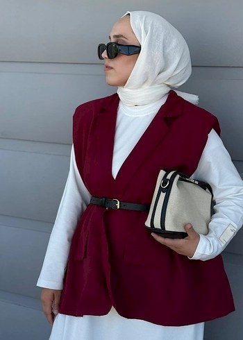 Koton Bordo Kemerli Notch Yaka Kadın Yelek