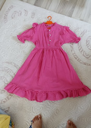 Pembe Fırfırlı Kız Çocuk Keten Elbise