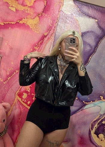 Parlak Siyah Deri Kadın Ceket - Görsel 3