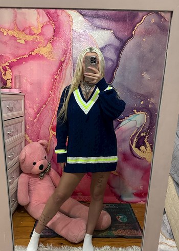 Lacivert V Yaka Örgü Midi Kazak - Görsel 2