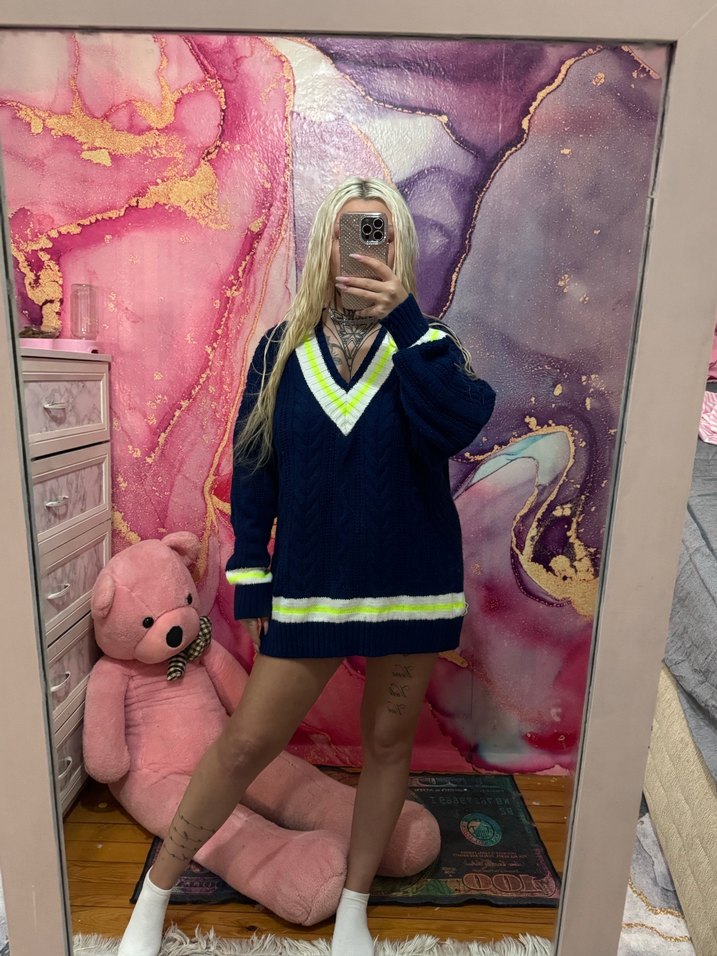 Lacivert V Yaka Örgü Midi Kazak - Görsel 2