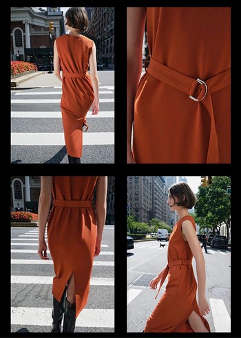 Zara Zara kiremit rengi kemerli midi elbise s
