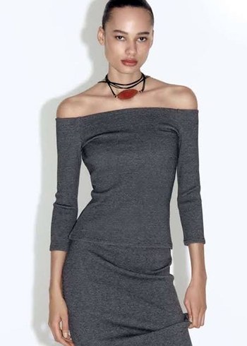 Zara gri omzu açık triko bluz s beden