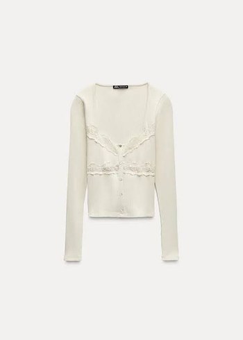 Zara Zara krem dantelli uzun kollu bluz M