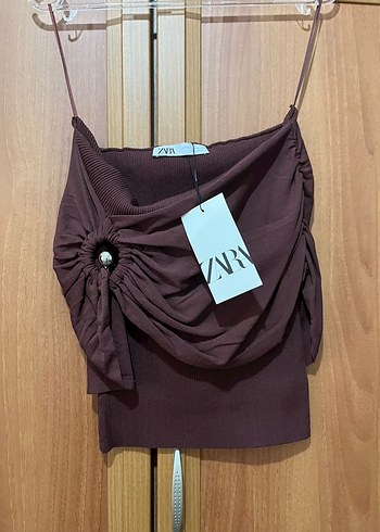 Zara kahverengi omzu açık fitilli bluz xs