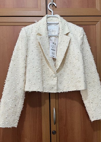 Zara Krem Boncuklu Pullu Crop Blazer Ceket S
