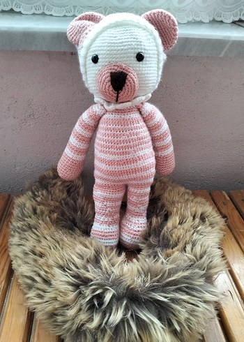 Pembe çizgili örgü peluş oyuncak ayı