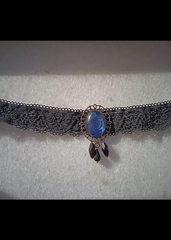 Beden mavi Renk İşlemeli Mavi Taşlı Gotik Dantel Choker