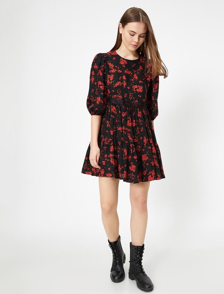 Zara Çiçek Desenli Siyah Mini Elbise - Görsel 2