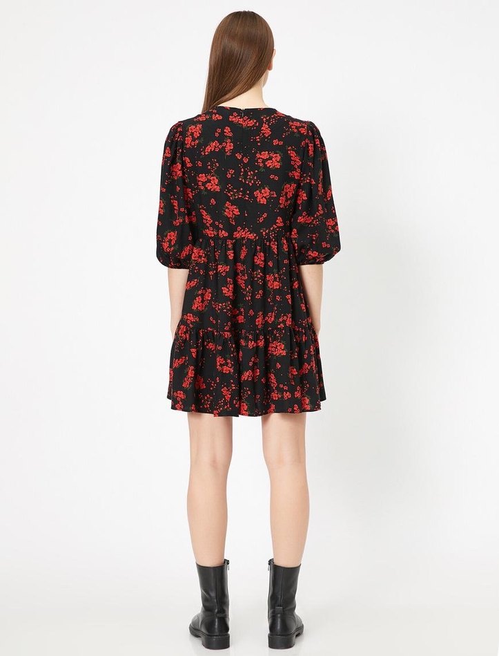 Zara Çiçek Desenli Siyah Mini Elbise - Görsel 3