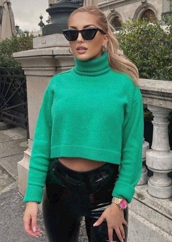 Yeşil Balıkçı Yaka Triko Kadın Kazak - Görsel 7