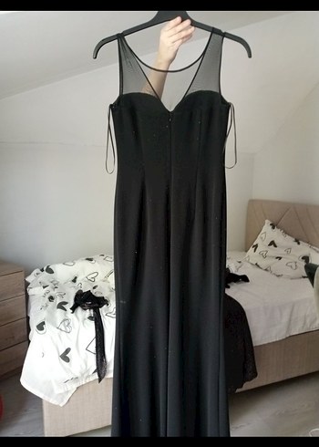 Siyah Uzun V Yakalı Kadın Abiye Elbise - Görsel 2