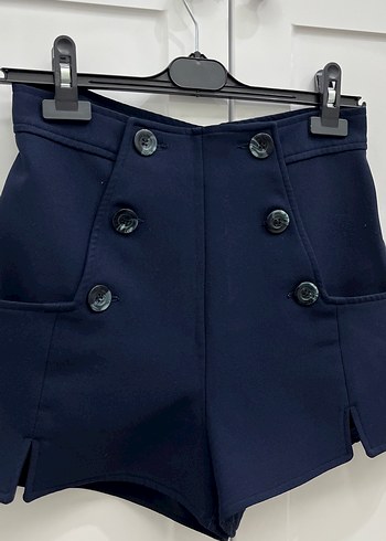 H&M Düğmeli Koyu Mavi Yüksek Bel Mini Şort