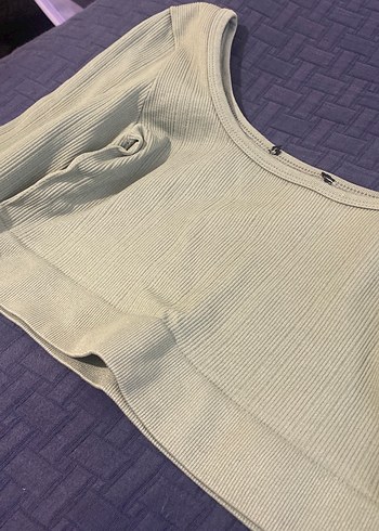 yeşil Uzun Kollu Keten Crop Top - Görsel 2