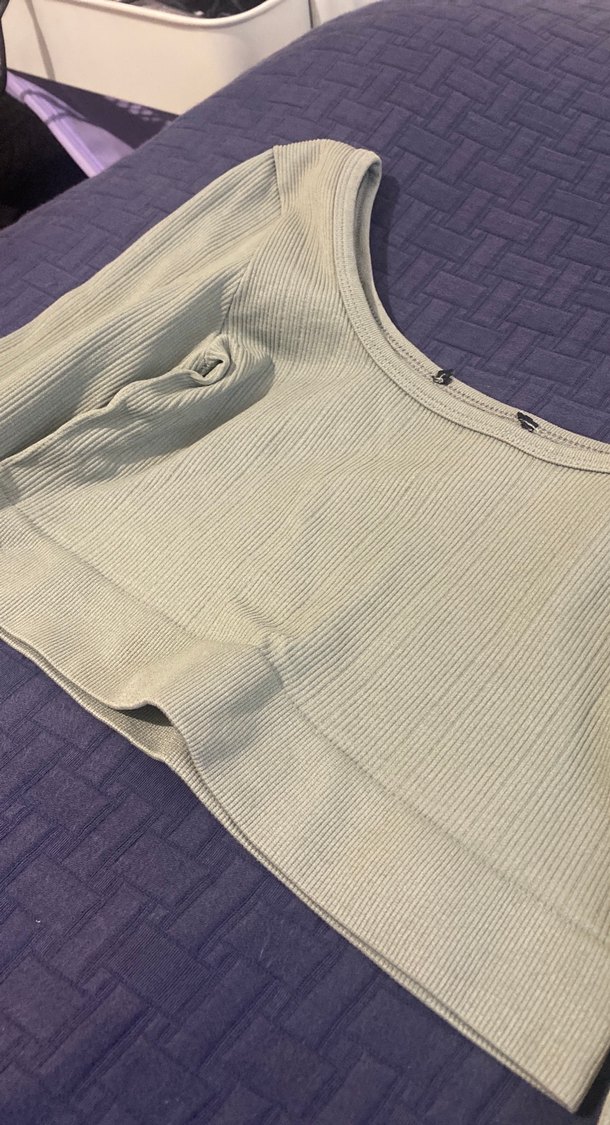 yeşil Uzun Kollu Keten Crop Top - Görsel 2