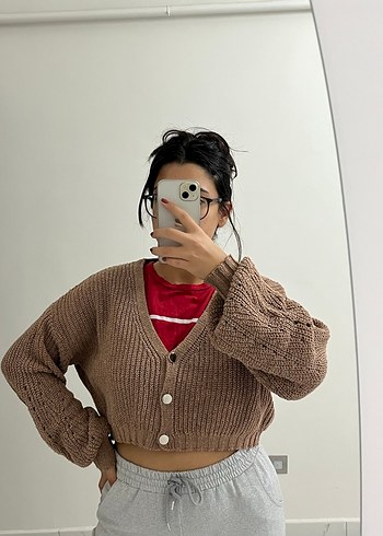 V Yaka Kahverengi Örgü Kadın Hırka - Görsel 2