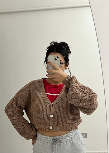 V Yaka Kahverengi Örgü Kadın Hırka - Görsel 3