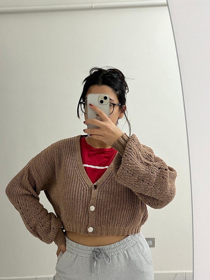 V Yaka Kahverengi Örgü Kadın Hırka - Görsel 2